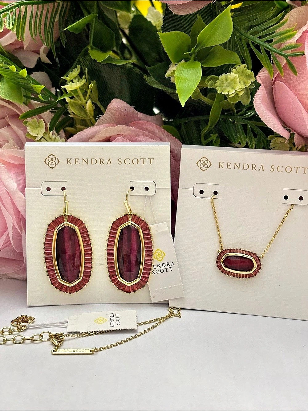 NWT Kendra Scott set of Baguette Elle Drop Earrings + Elisa necklace in gold red